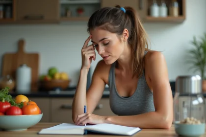 Femme en cuisine planifiant ses repas dans un journal