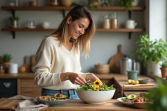 Femme préparant une salade avec avocat et noix dans une cuisine moderne