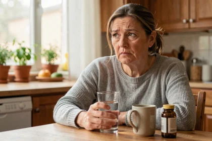 Femme d'une quarantaine d'années tenant un verre d'eau avec un complément alimentaire pour la vessie posé sur la table de cuisine