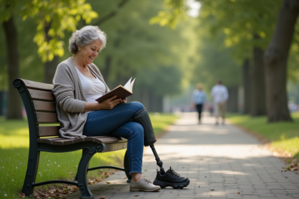Femme avec prothese assise sur un banc dans un parc
