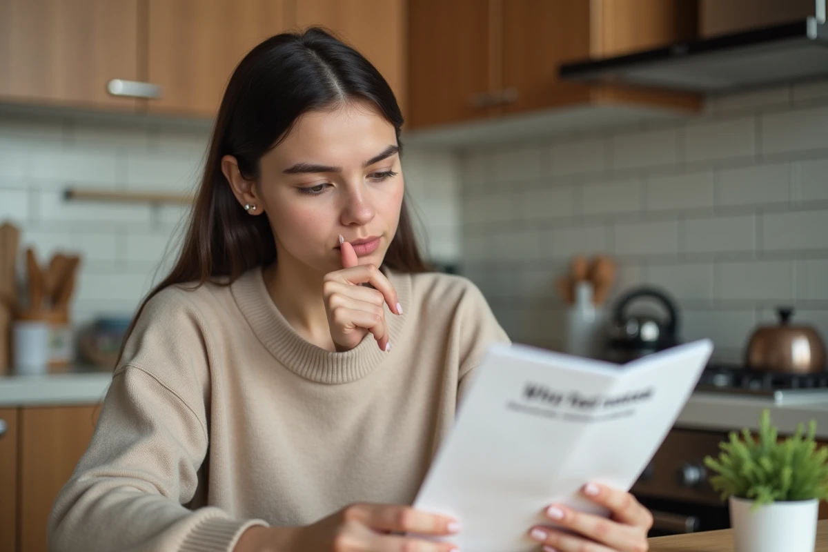 Jeune femme pensant en lisant un dépliant santé bucco-dentaire