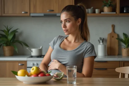 Femme réfléchie en cuisine avec fruits et eau