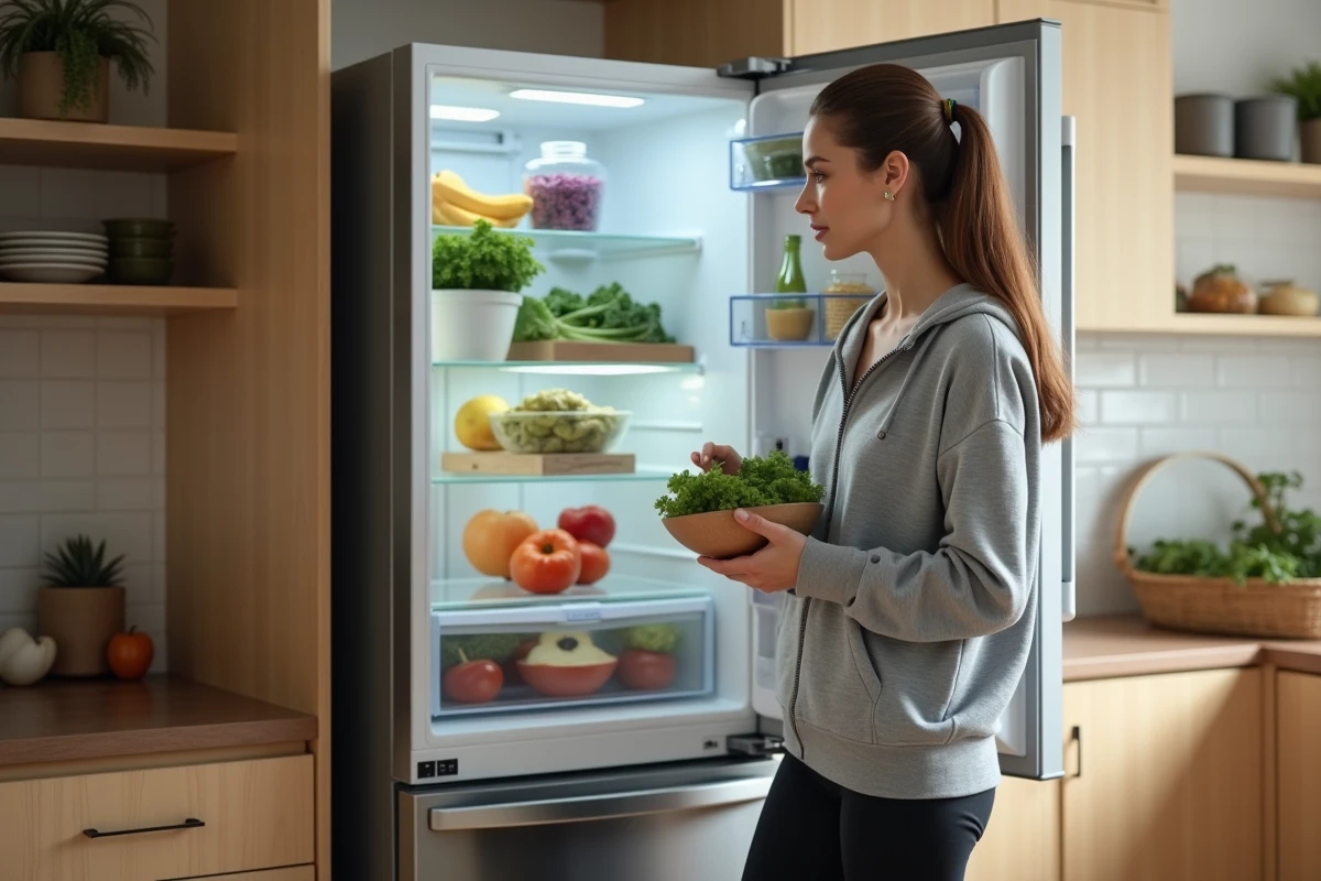 Femme inspectant son réfrigérateur organisé avec des aliments sains pour éviter l'effet yo-yo et maintenir sa perte de poids