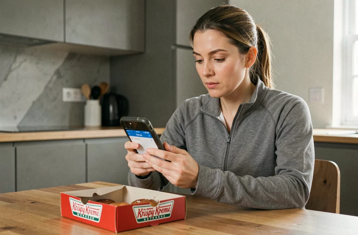 Femme consultant une application nutritionnelle sur son téléphone devant une boîte de donuts Krispy Kreme ouverte dans une cuisine moderne