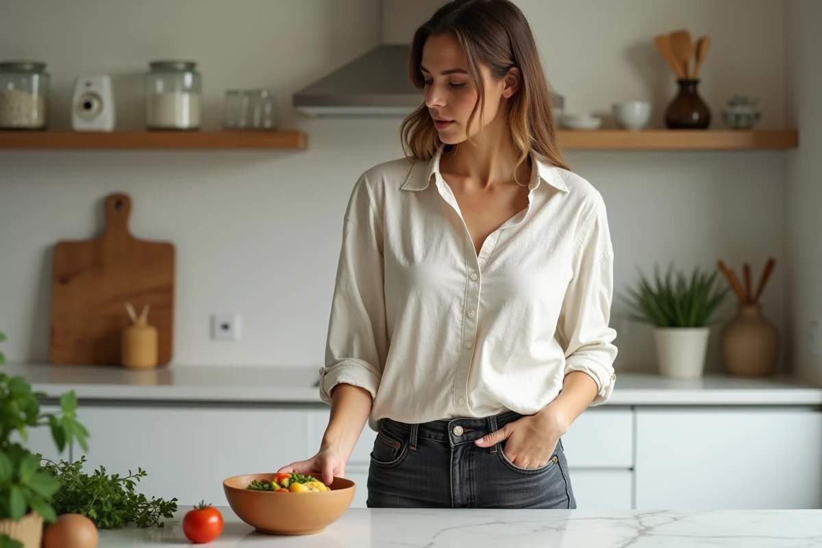 Femme préparant un repas équilibré dans une cuisine moderne pour perdre du poids sans sport et sans effet yo-yo