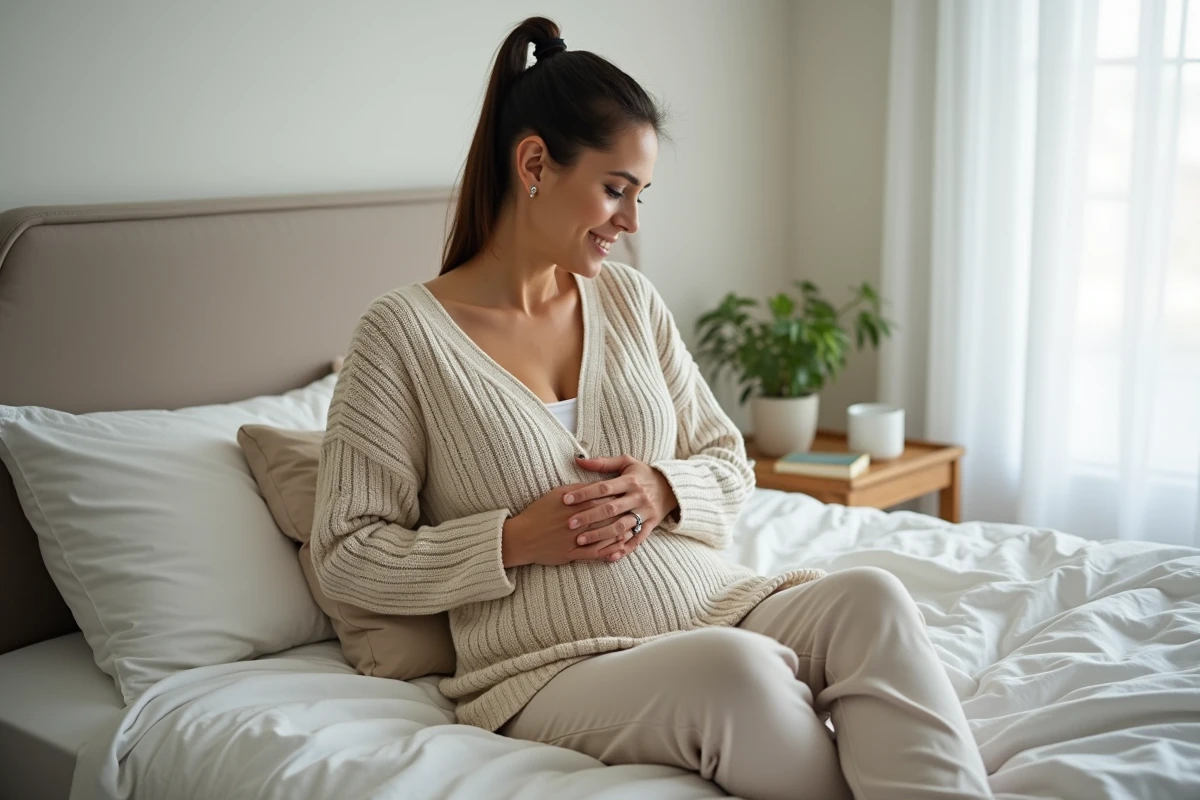 Femme assise sur le lit touche son ventre dans une chambre paisible