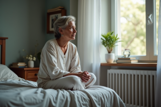 Femme en pyjama regardant par la fenetre dans sa chambre