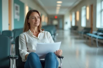 Femme assise dans une salle d'attente médicale après une IRM, tenant une fiche d'informations sur les effets secondaires