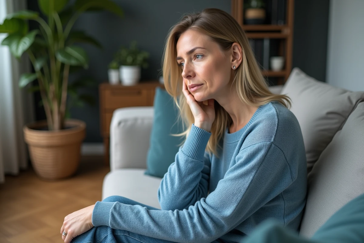 Femme en sweater bleu dans un salon cosy et moderne