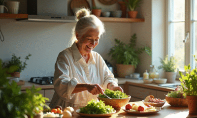 Femme senior souriante préparant une salade vitaminée dans la cuisine