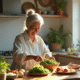 Femme senior souriante préparant une salade vitaminée dans la cuisine