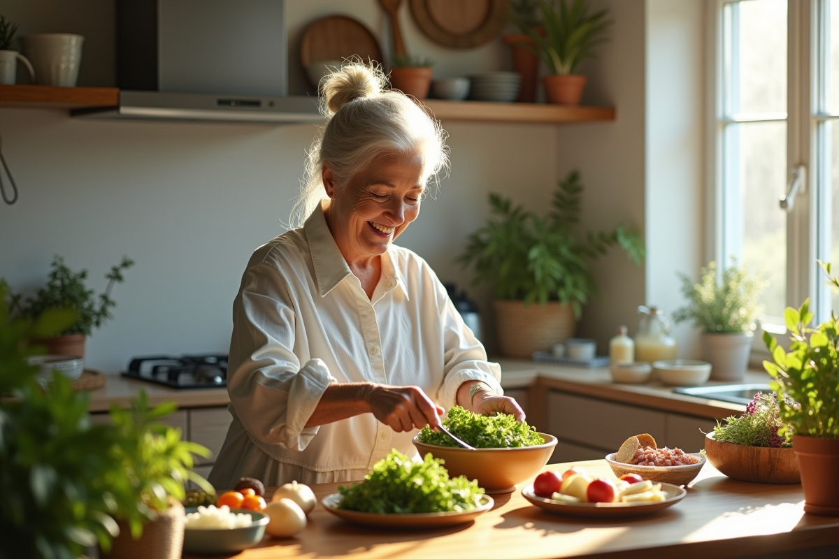 Femme senior souriante préparant une salade vitaminée dans la cuisine
