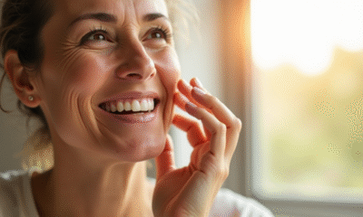 Femme senior appliquant serum vitamine C visage soleil