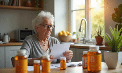 Femme senior lisant une notice de vitamines B à la cuisine