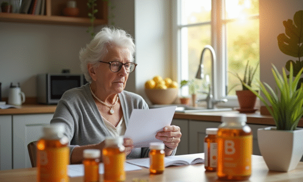 Femme senior lisant une notice de vitamines B à la cuisine