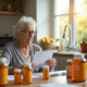 Femme senior lisant une notice de vitamines B à la cuisine