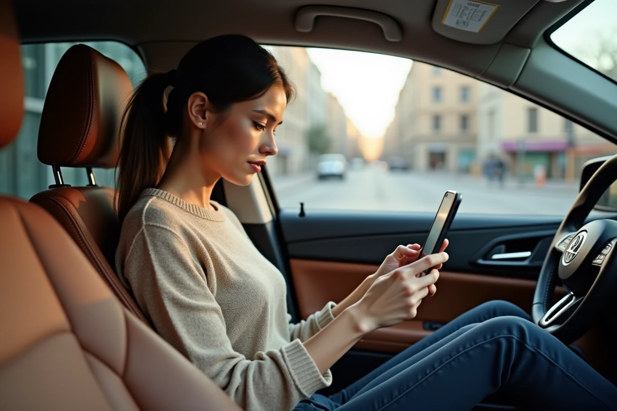 Femme consultant un simulateur d'alcoolémie sur son téléphone avant de conduire