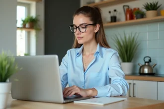 Femme utilisant un simulateur d'espérance de vie à la maison