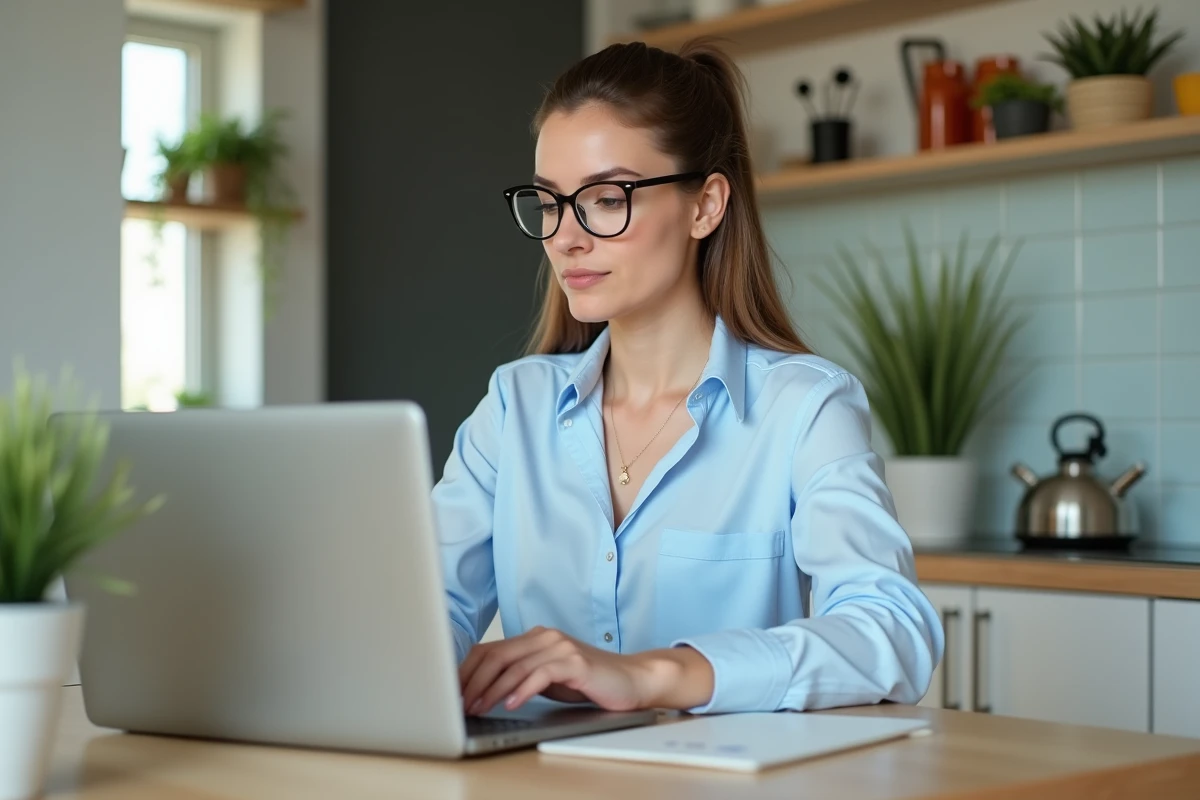 Femme utilisant un simulateur d'espérance de vie à la maison