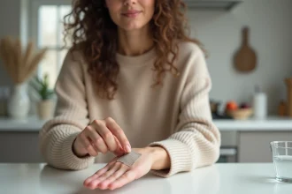 Jeune femme examine son doigt bandage en cuisine