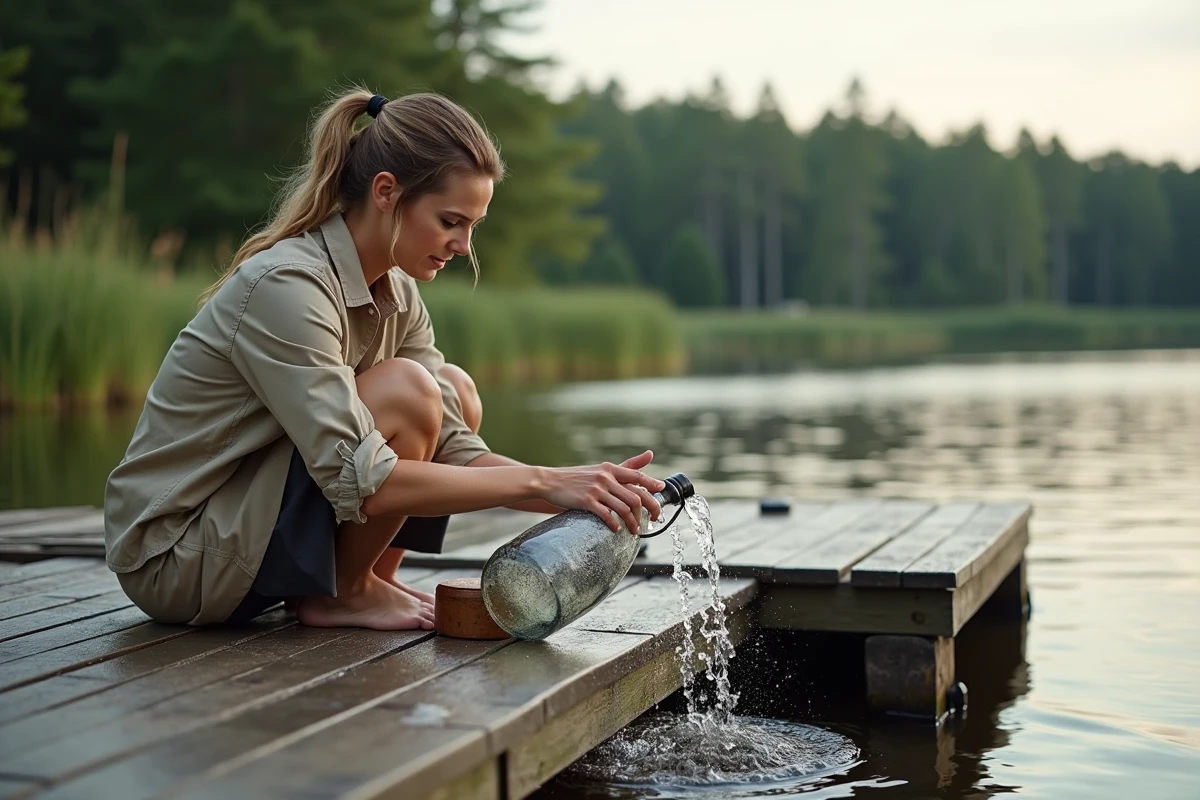 Femme rinçant sa main blessée par un brochet sur un ponton de pêche