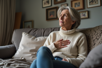 Femme d'âge moyen inquiète dans son salon