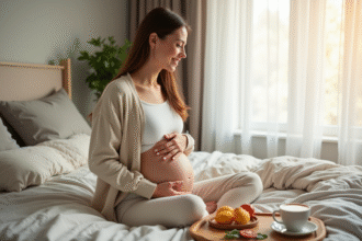 Jeune femme détendue tenant son ventre dans une chambre lumineuse