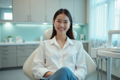 Jeune femme souriante dans une clinique dentaire moderne