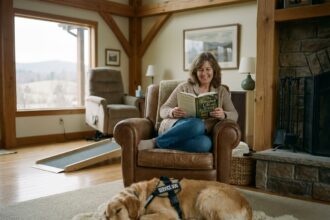 Femme souriante dans une maison rurale accessible