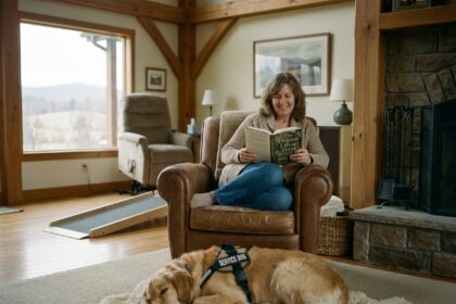 Femme souriante dans une maison rurale accessible