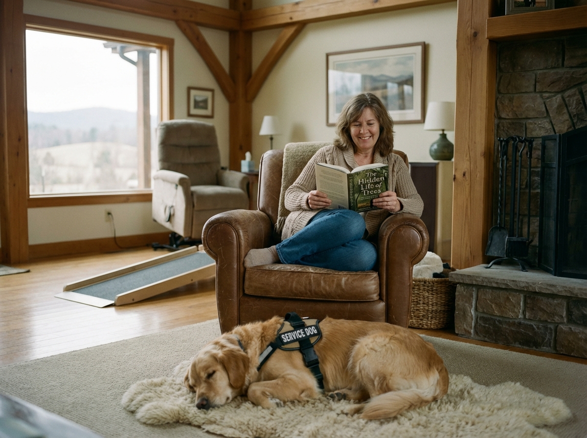Femme souriante dans une maison rurale accessible