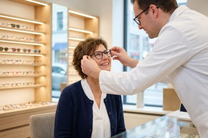Femme souriante portant des lunettes dans une boutique optique