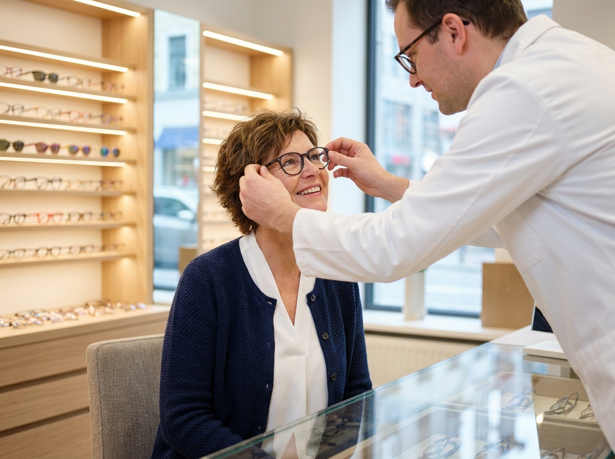 Femme souriante portant des lunettes dans une boutique optique
