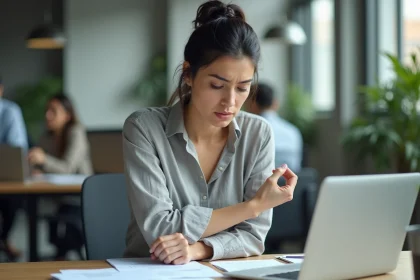 Femme stressée au bureau tenant son bras gauche avec une expression d'angoisse, illustrant les fourmillements liés au stress