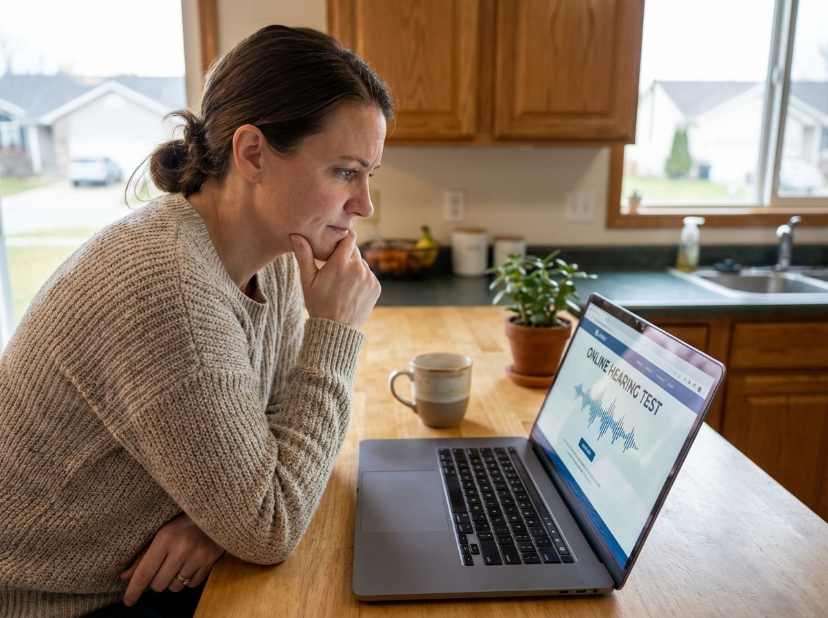 Femme effectuant un test auditif en ligne à la maison