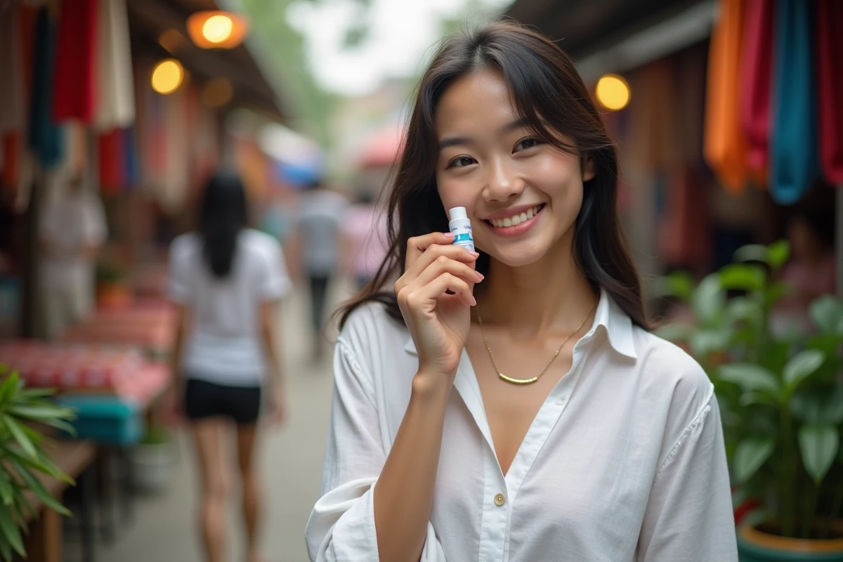Jeune femme thaïlandaise utilisant un yadom dans un marché de Chiang Mai avec des étals colorés en arrière-plan flou