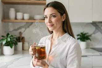 Femme tenant une tasse de thé détox Lulutox dans une cuisine moderne, illustrant la consommation quotidienne d'un thé détox en pharmacie