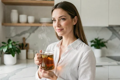 Femme tenant une tasse de thé détox Lulutox dans une cuisine moderne, illustrant la consommation quotidienne d'un thé détox en pharmacie