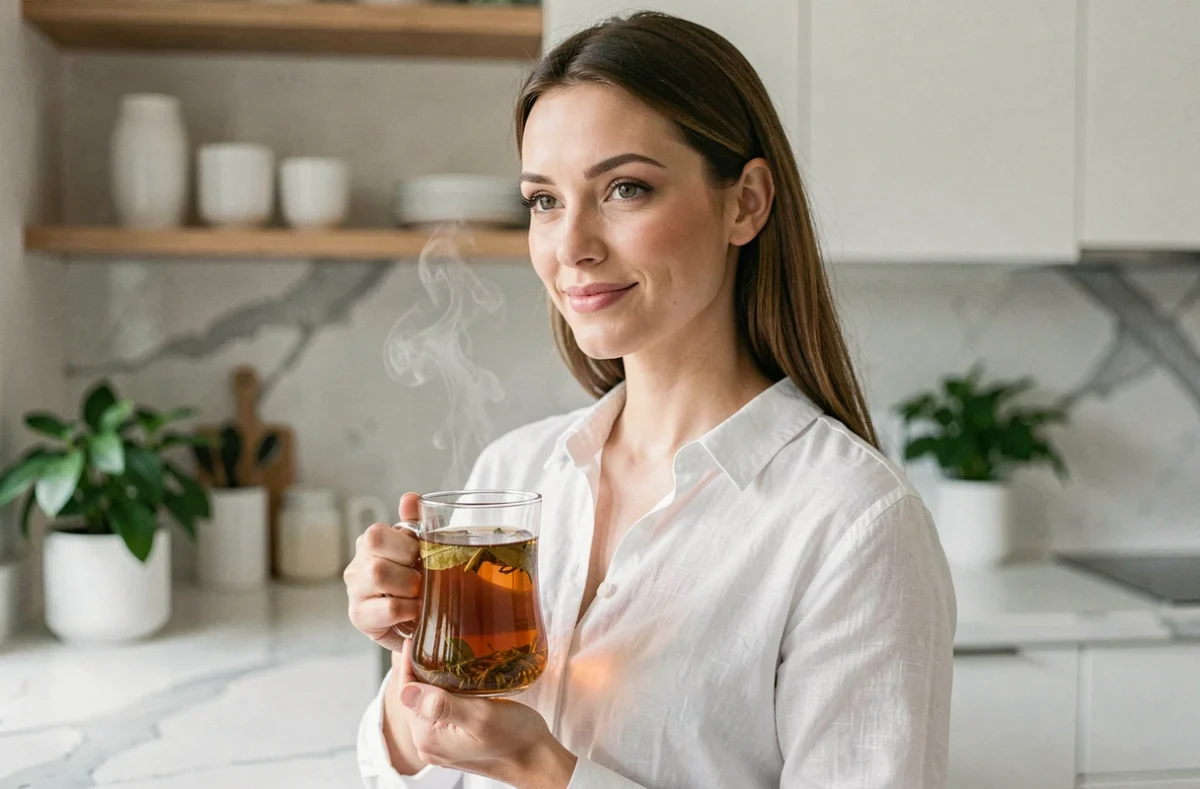 Femme tenant une tasse de thé détox Lulutox dans une cuisine moderne, illustrant la consommation quotidienne d'un thé détox en pharmacie
