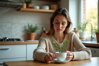 Femme préparant une tisane au romarin dans une cuisine lumineuse