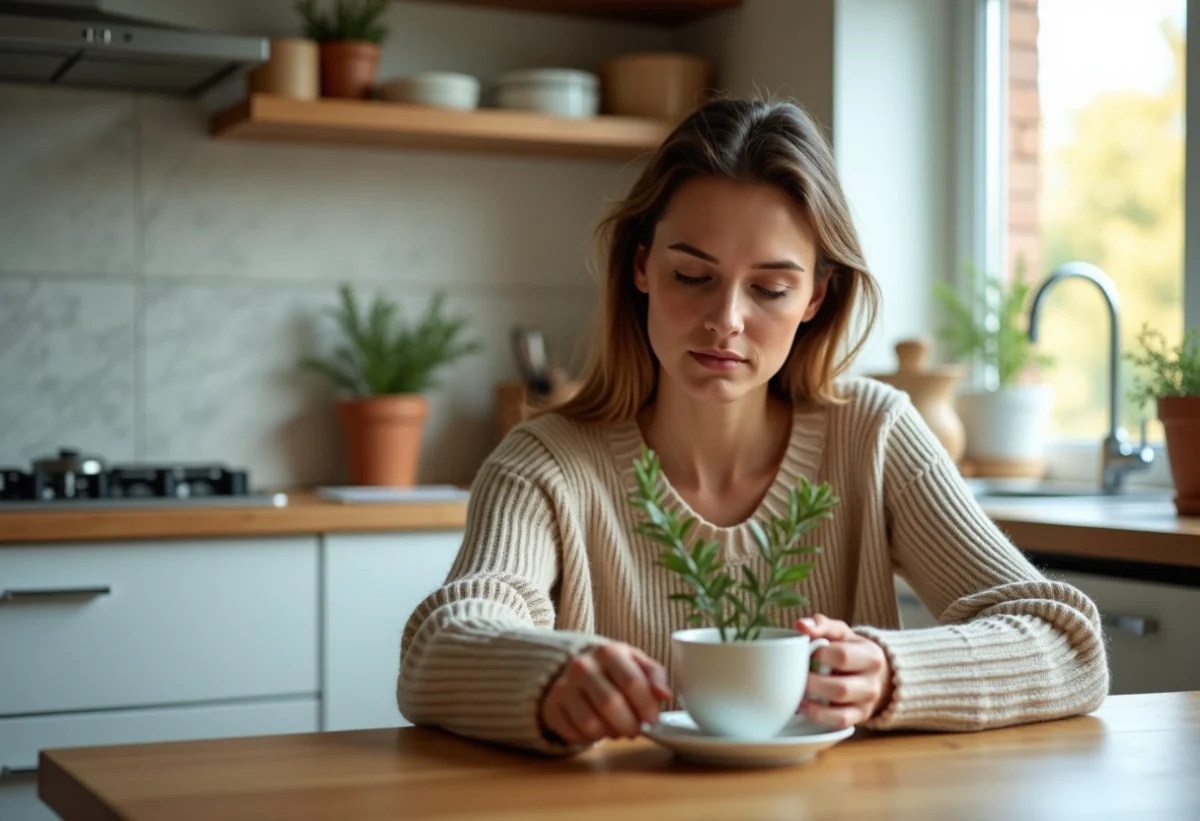 Femme préparant une tisane au romarin dans une cuisine lumineuse