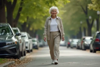 Femme âgée marchant dans une rue arborée en ville