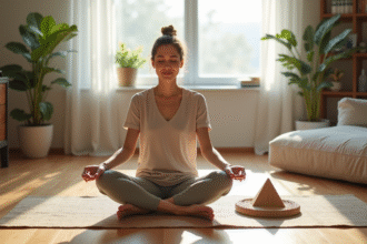 Femme méditant avec pyramide d'énergie dans un salon lumineux