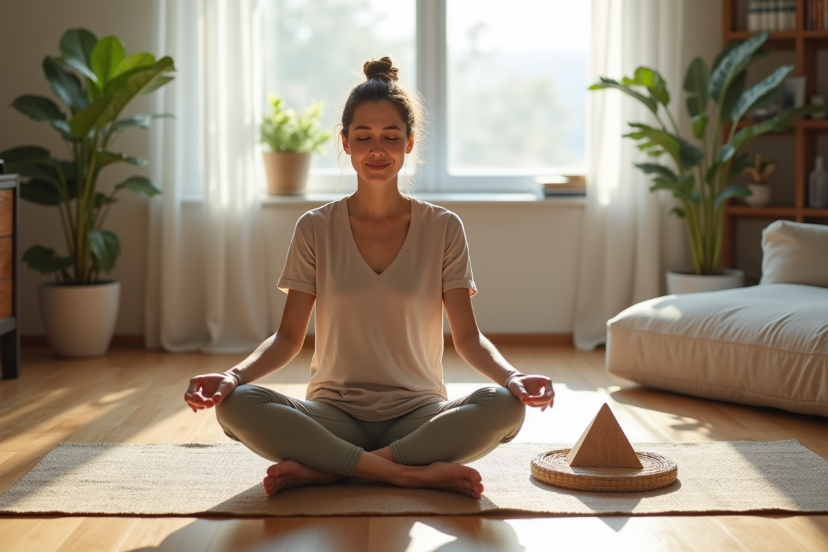 Femme méditant avec pyramide d'énergie dans un salon lumineux
