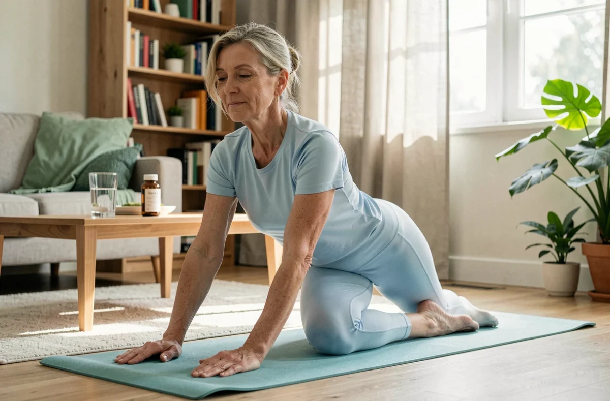 Femme pratiquant le yoga le matin avec un complément alimentaire pour la santé urinaire posé sur la table basse