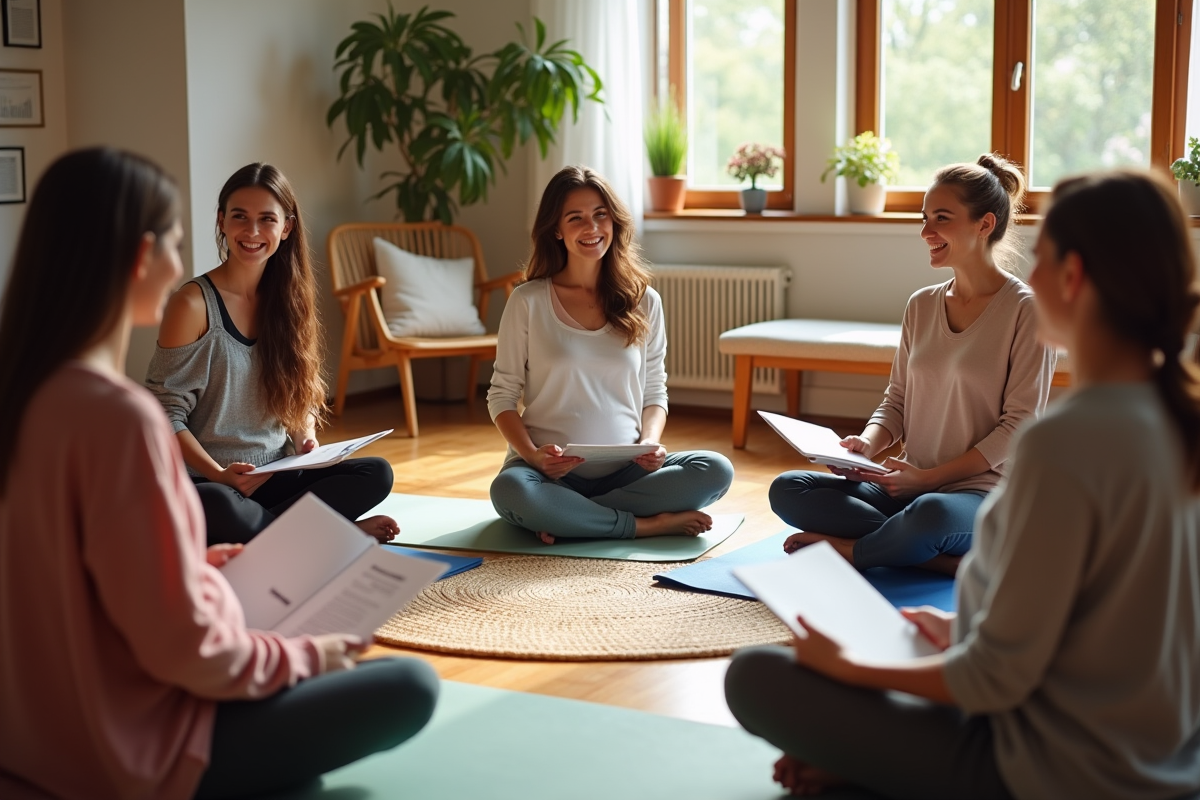 Femmes discutent en cercle dans un salon chaleureux