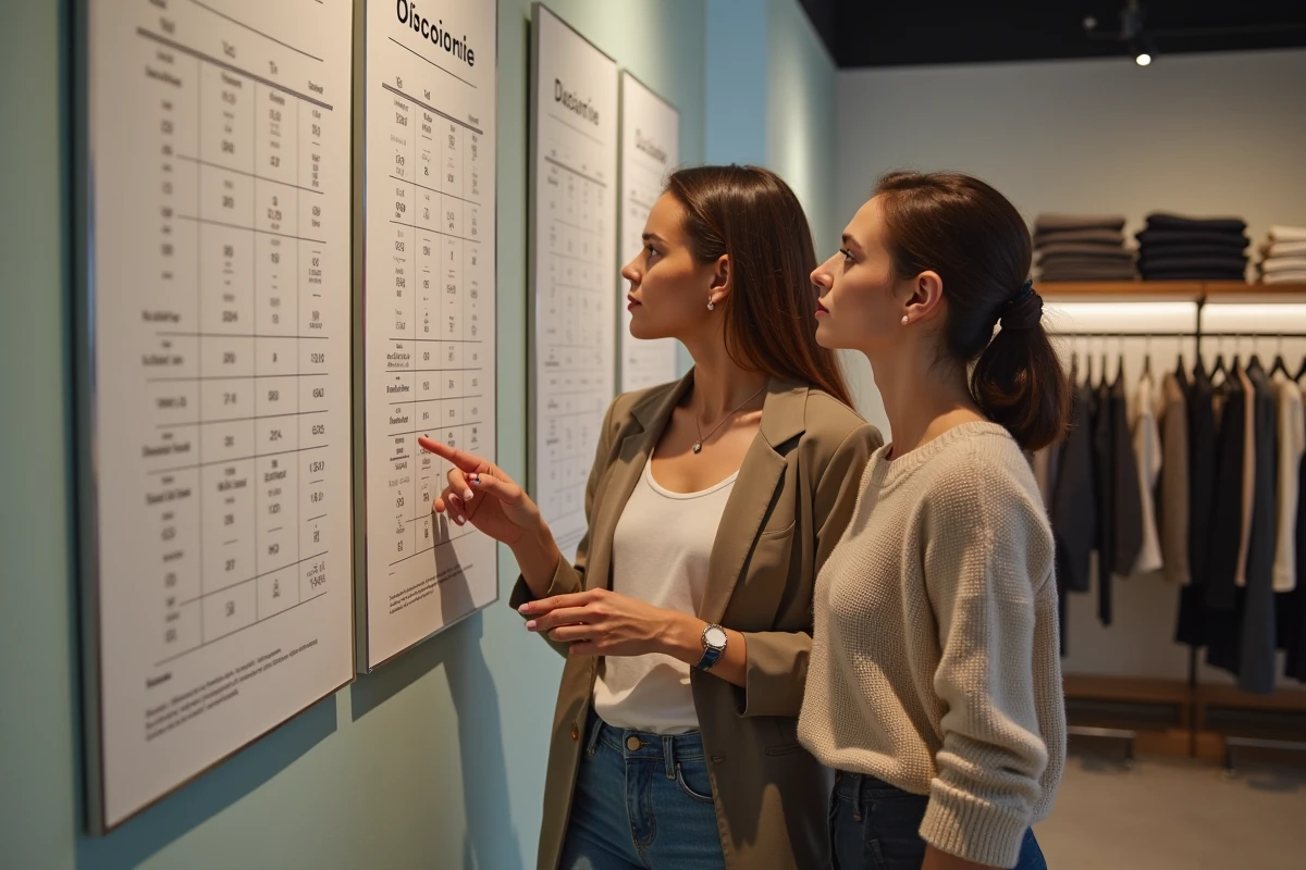 Deux femmes françaises consultant un guide des tailles dans un magasin de vêtements, soulignant l'évolution de la taille standard en France