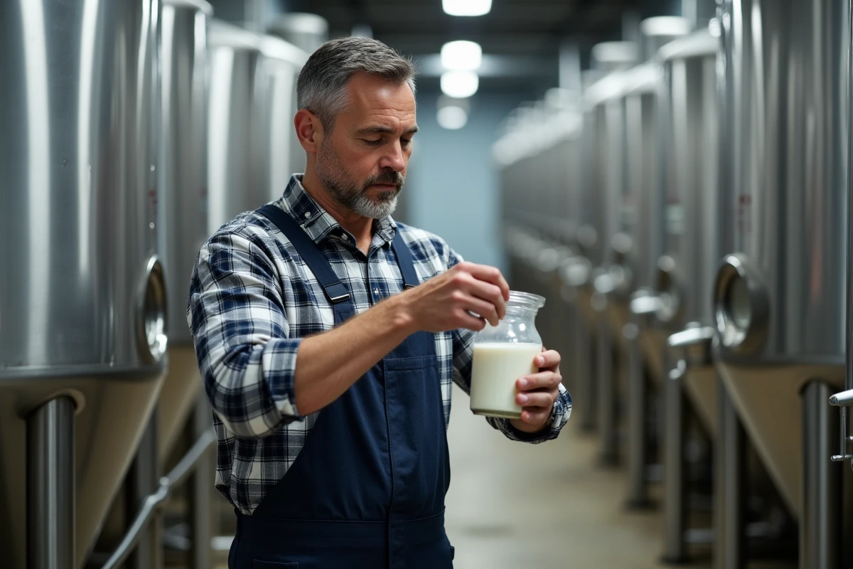 Fermeur versant un échantillon de lait dans un container
