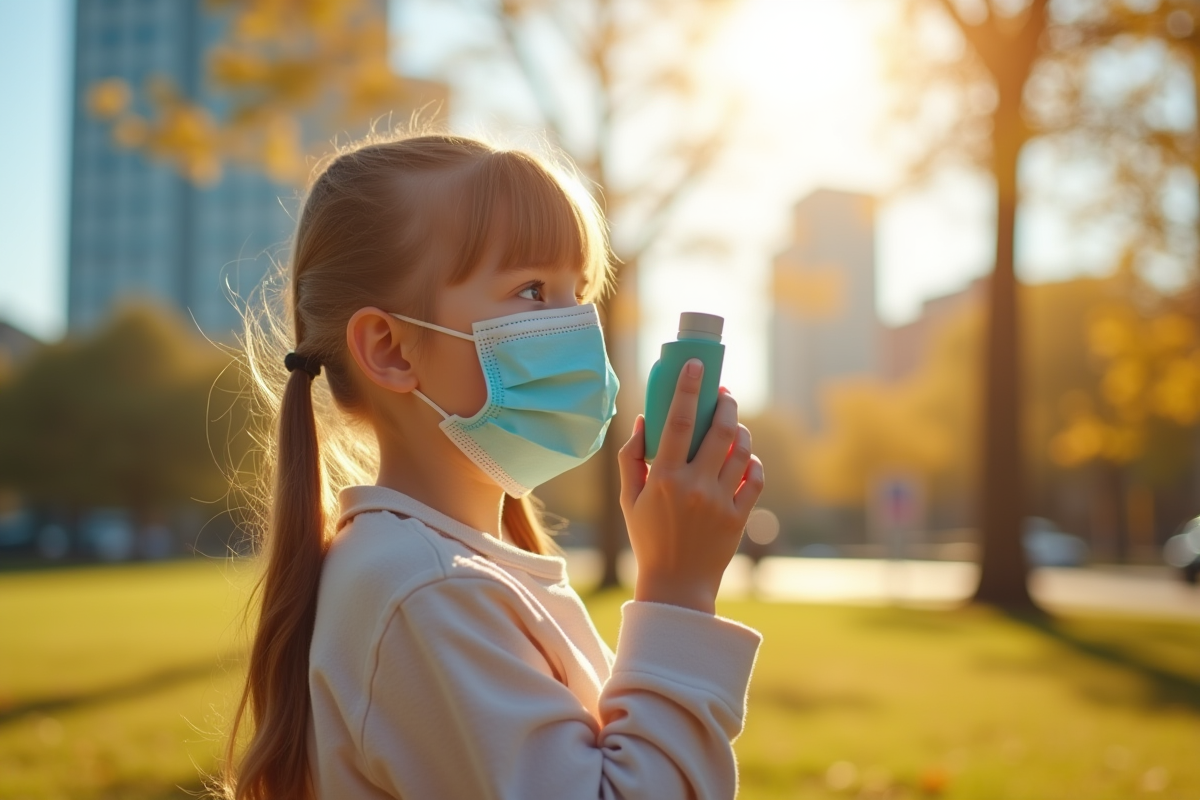 Jeune fille avec un masque et inhalateur dans un parc sec en été