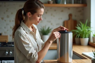 Femme inspectant les éléments filtrants d'un filtre à eau Berkey en acier inoxydable sur un plan de travail en bois naturel